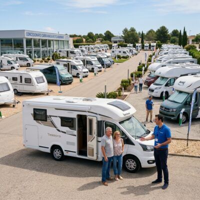 Exposici&oacute;n de caravanas y autocaravanas a la venta al aire libre a pleno sol