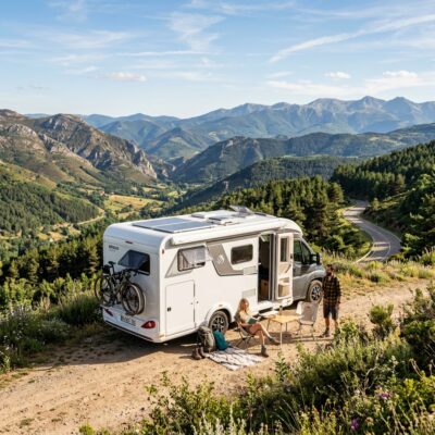 Autocaravana moderna estacionada en la naturaleza, ideal si buscas comprar caravana en Sevilla