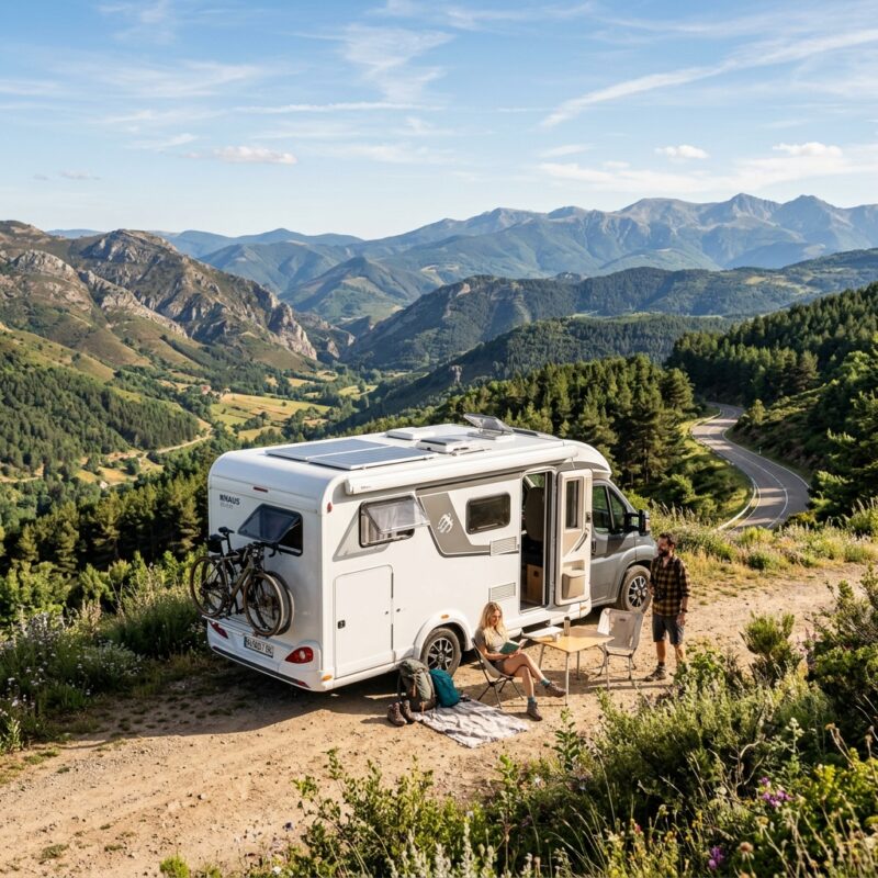 Autocaravana moderna estacionada en la naturaleza, ideal si buscas comprar caravana en Sevilla
