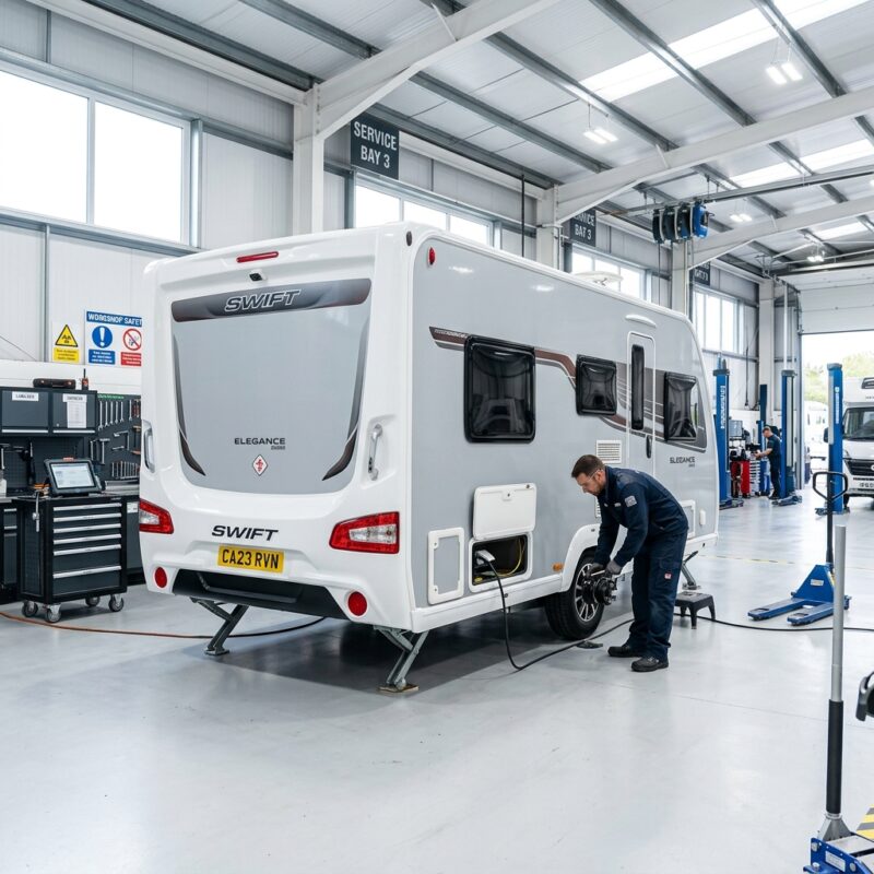 Taller especializado en mantenimiento de caravanas en Sevilla, con un profesional revisando el vehículo