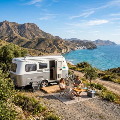 Las mejores rutas en caravana por Andaluc&iacute;a: Moderna caravana aparcada en un espectacular paisaje natural