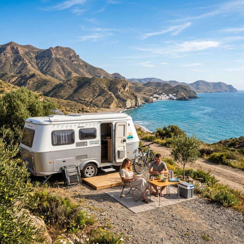 Las mejores rutas en caravana por Andalucía: Moderna caravana aparcada en un espectacular paisaje natural