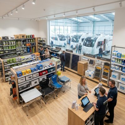 Interior de una tienda de accesorios de caravanas moderna y bien equipada