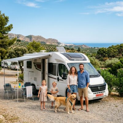 Familia disfrutando de viajar en caravana con mascotas en un camping de Andaluc&iacute;a en verano